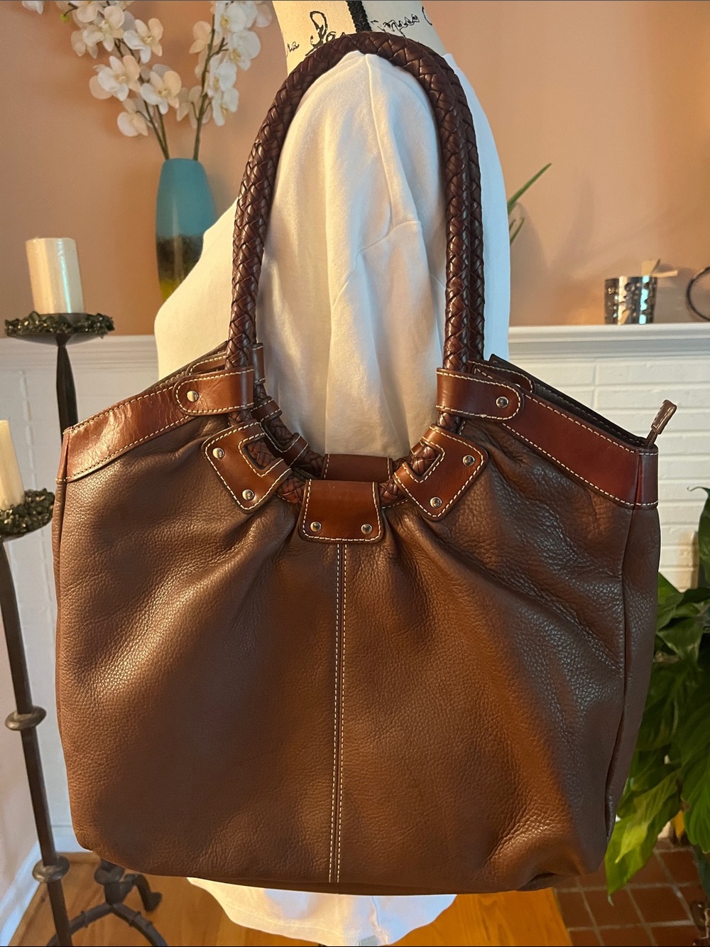 Fossil Brown Leather Shoulder Bag with Braided Handles